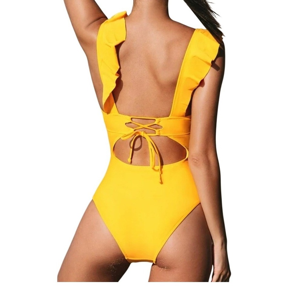 Cupshe Yellow Ruffle V-Neck Lace-Up Back One Piece Swimsuit Size M NWT - Picture 2 of 4